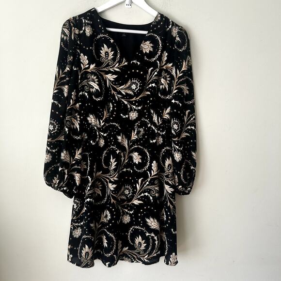Ann Taylor Dress Size M Petite Black Floral Paisley Long-Sleeve Lined Career - Picture 1 of 5